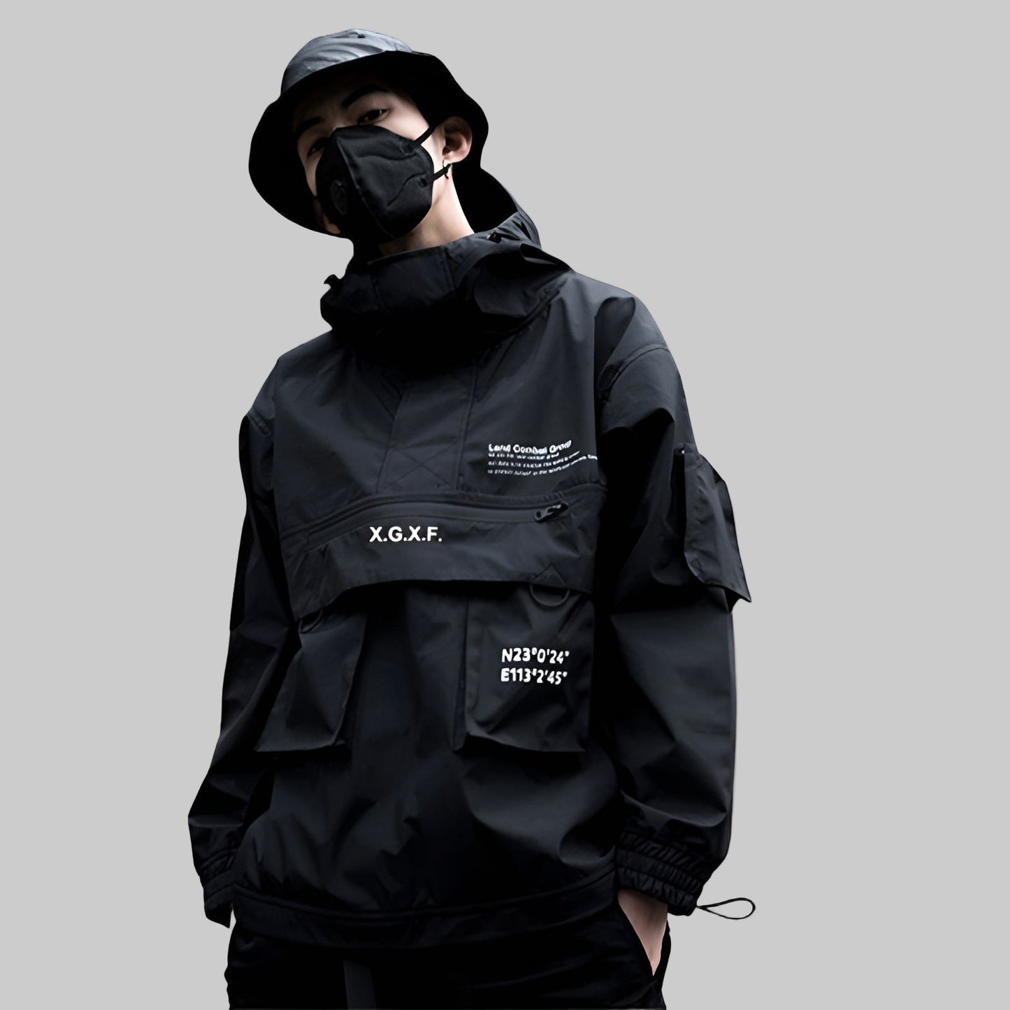 shop and buy Black jacket with XGxF branding on a gray background