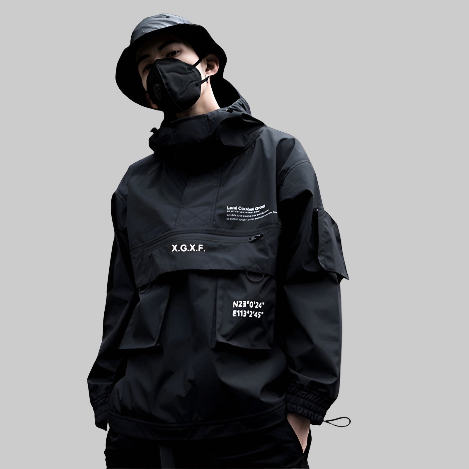 shop and buy Black jacket with XGxF branding on a gray background