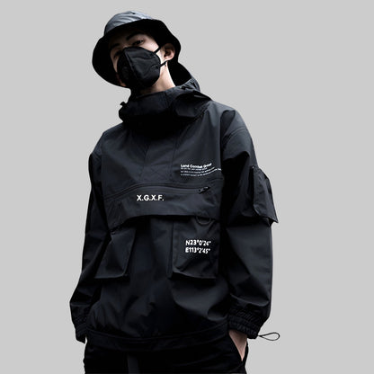 shop and buy Black jacket with XGxF branding on a gray background