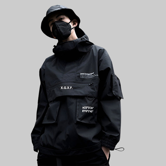 shop and buy Black jacket with XGxF branding on a gray background